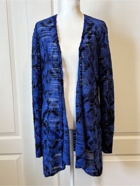 NIC+ZOE Open-Front Abstract Pattern Open-Stitch Linen Blend Cardigan Medium